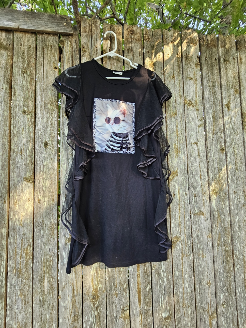 Black Ruffle Sleeve CAT Graphic Tee Dress